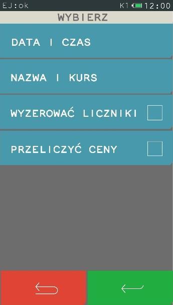 Wybierz pozycję DEFINIOWANIE Wprowadź datę i czas zmiany waluty ewidencyjnej Wprowadź nazwę waluty i kurs wymiany Po przejściu na nową walutę wszystkie liczniki niefiskalne zostaną wyzerowane Kasa