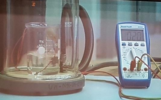 Gotowanie wody w temperaturze pokojowej Do naczynia z wodą podłączony jest czujnik temperatury. Wskazuje on temperaturę pokojową (ok. 20 stopni).
