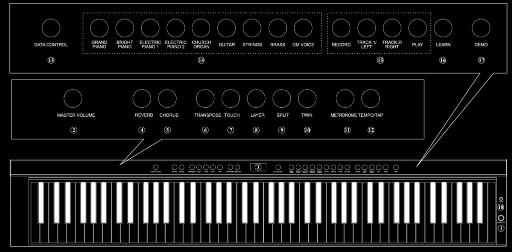 Przycisk TWIN 11. Przycisk METRONOME 12. Przycisk TEMPO/TAP 13. Pokrętło DATA CONTROL 14. Przyciski VOICE SELECT 15.