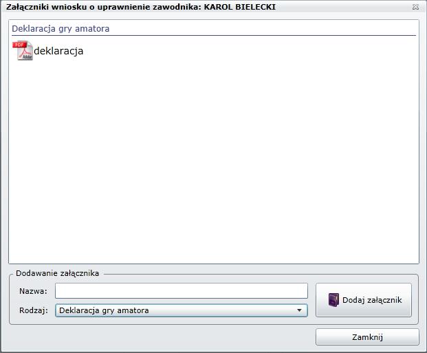 Rys. 6 W powyższej formatce rys. 6 należy w polu Nazwa podać nazwę załączonego pliku a w polu Rodzaj wybrać jaki jest to rodzaj dokumentu. Następnie klikamy przycisk Dodaj załącznik i załączamy go.