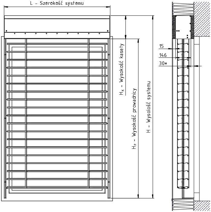 Rys. 11. Wymiary systemu żaluzji fasadowych Z90 z kasetą podtynkową. * - Wymiar zmienny, standardowo 30 mm.