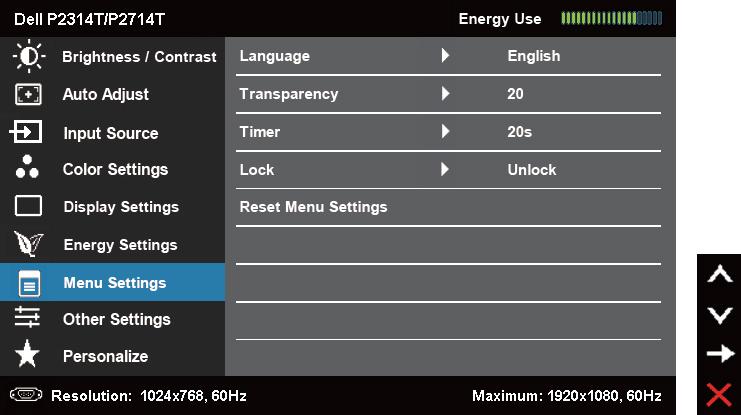 Menu i podmenu Opis Ustawienia menu Język Przejrzystość Zegar Blokada Resetowanie ustawień menu Służy do ustawienia jednego z ośmiu języków menu ekranowego.