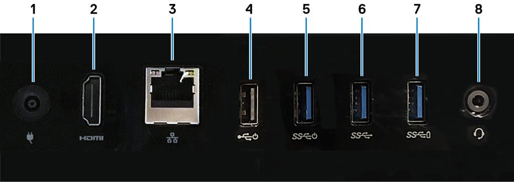 Panel tylny 1 Złącze zasilacza Umożliwia podłączenie zasilacza do komputera. 2 Złącze wyjściowe HDMI Umożliwia podłączenie telewizora lub innego urządzenia z wejściem HDMI.