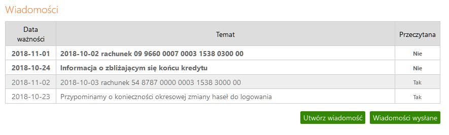 INFORMACJE System udostępnia przez wybór zakładki następujące dodatkowe usługi: Wiadomości Rejestr zdarzeń. Wiadomości Okno zawiera wiadomości przysłane przez Bank.