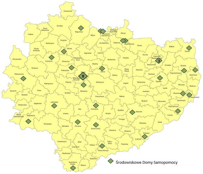 Mapa nr 2 Środowiskowe domy samopomocy w województwie świętokrzyskim Źródło: Opracowanie własne ROPS na podstawie Centralnej Aplikacji Statystycznej 2.4.