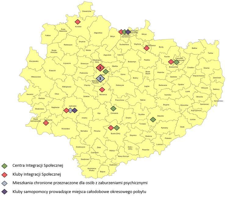 Mapa nr 3 Centra integracji społecznej, kluby integracji społecznej, mieszkania chronione przeznaczone dla osób z zaburzeniami psychicznymi oraz kluby samopomocy prowadzące miejsca całodobowe