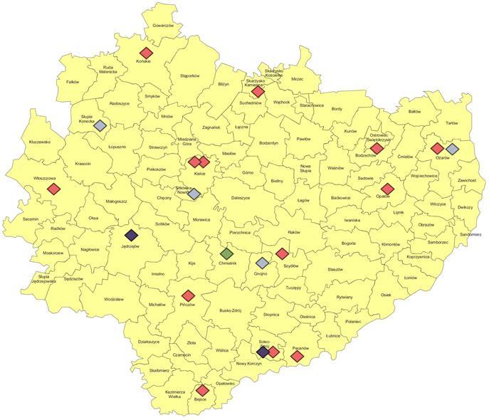 Przestrzenny rozkład domów pomocy społecznej dla osób przewlekle chorych psychicznie oraz niepełnosprawnych intelektualnie na terenie województwa świętokrzyskiego przedstawia mapa 4.