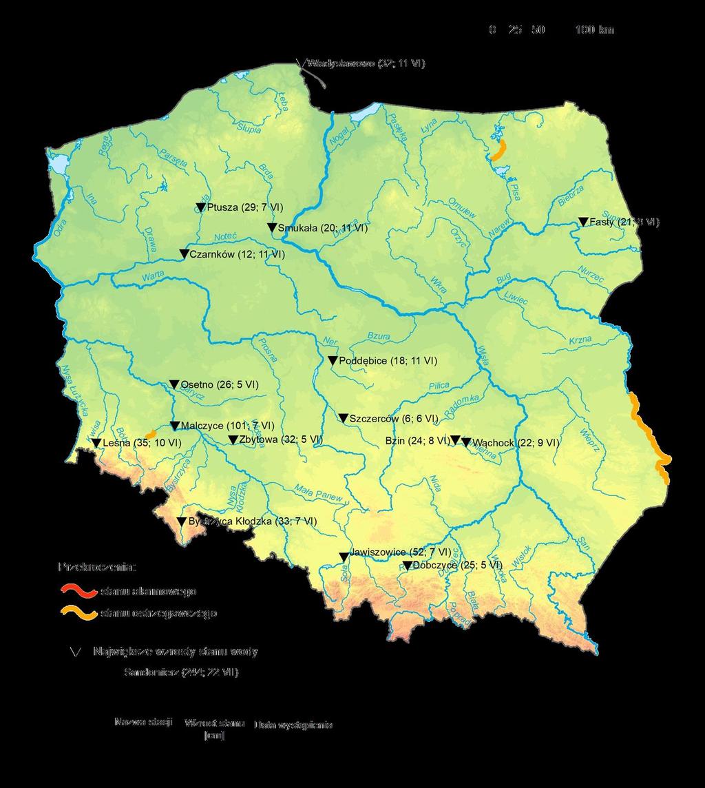 4. Przekroczenia stanów ostrzegawczych i alarmowych oraz najwyższe dobowe wzrosty stanu