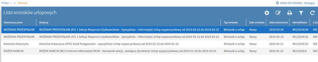 *Rezygnacja z wniosku Po złożeniu wniosku (o urlop, przesunięcie urlopu, anulowanie urlopu), w tej sytuacji, kiedy stan wniosku jest Nowy, co oznacza, że przełożony nie podjął jeszcze tego zadania z