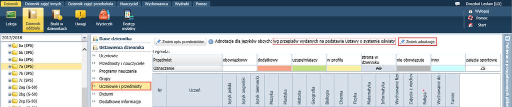 świadectwa uczniów? 2/7 Opisywanie przedmiotów w dzienniku oddziału 1. Zaloguj się do systemu UONET+ jako wychowawca i uruchom moduł Dziennik. 2. Przejdź do widoku Dziennik/ Dziennik oddziału i w drzewie danych wybierz swój oddział.