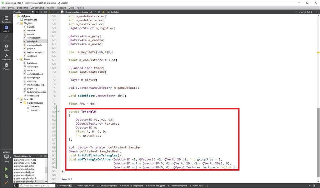 Kolizje - struktura Triangle Aby zrobić kolizję obiektów ze środowiskiem, potrzeba będzie struktura przechowująca atomiczny element sceny, struct Triangle.