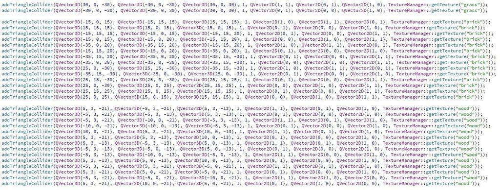 Kolizje - Przykładowa scena Poniższy kod można wstawić do GLWidget::initCollisionTriangles() w celu uzyskania