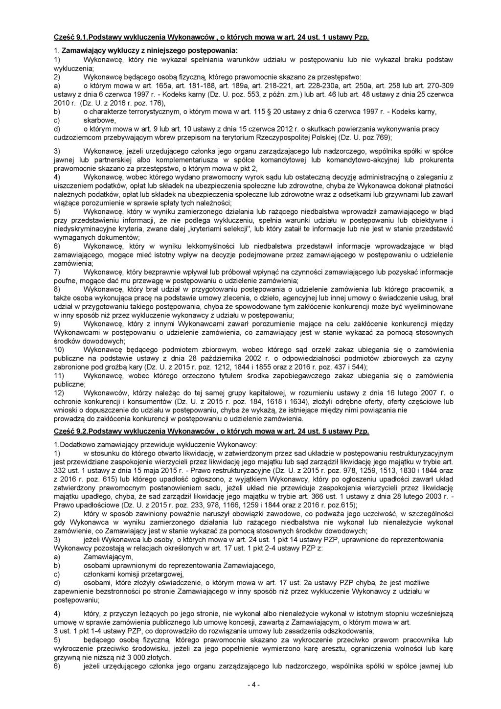 Cześć 9.1.Podstawy wykluczenia Wykonawców, o których mowa w art. 24 ust. 1 