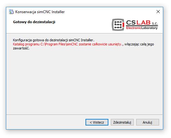 Przed wykonaniem deinstalacji programu "simcnc" oprogramowanie "simcnc