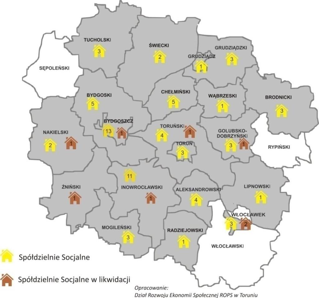 Mapa 1. Spółdzielnie socjalne w województwie kujawsko-pomorskim w 2017 r. (w układzie powiatowym) Źródło danych: Krajowy Rejestr Sądowy.