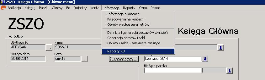 INSTRUKCJA GENEROWANIA I DRUKOWANIA SPRAWOZDAŃ S% 1. Generowanie raportów Z menu aplikacji Księga Główna należy wybrać Informacje/Raporty RB.