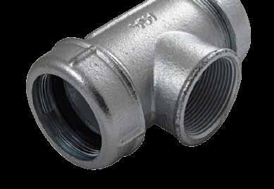 with flange joints for plain-ended pipes on two sides and a 90 outlet with female thread.