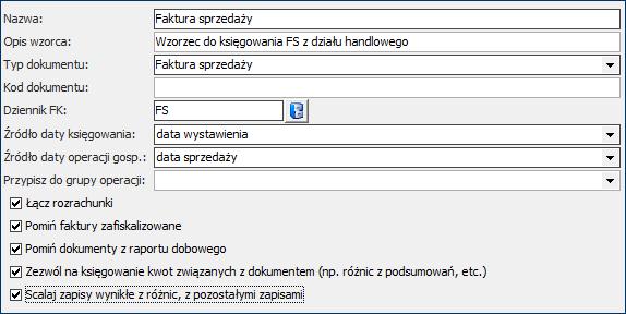 Pojawi się okno Wzorce księgowań. 2. Kliknij w przycisk w dolnej części okna. Pojawi się okno Wzorzec księgowania. Uzupełnij pola w pierwszej części okna zgodnie z rysunkiem poniżej.