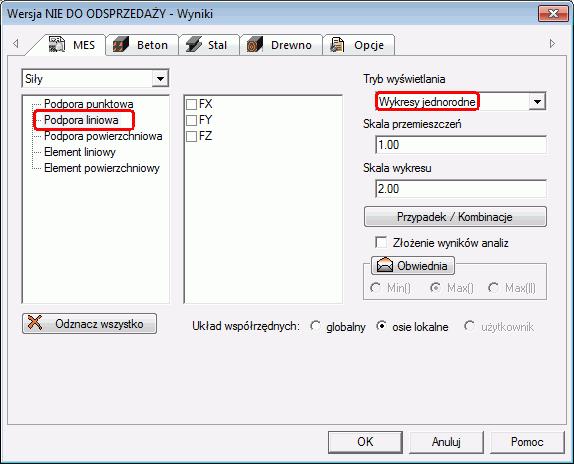 Post-processing Wykresy dla reakcji na podporach liniowych Advance Design umożliwia użytkownikowi wyświetlenie reakcji na podporach liniowych