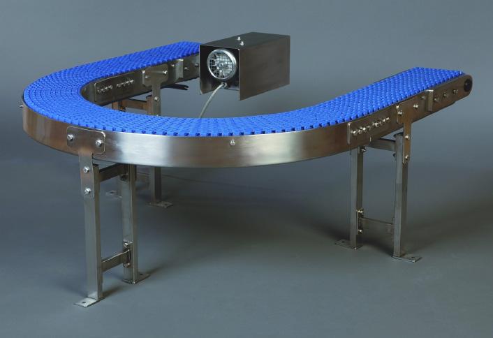 Przenośnik łukowy ze stali nierdzewnej EM - C z modułowym łańcuchem z tworzywa Przenośnik EM-C z taśmą wykonaną z modułowego łańcucha z tworzywa sztucznego i ramą z zamkniętych profili ze stali