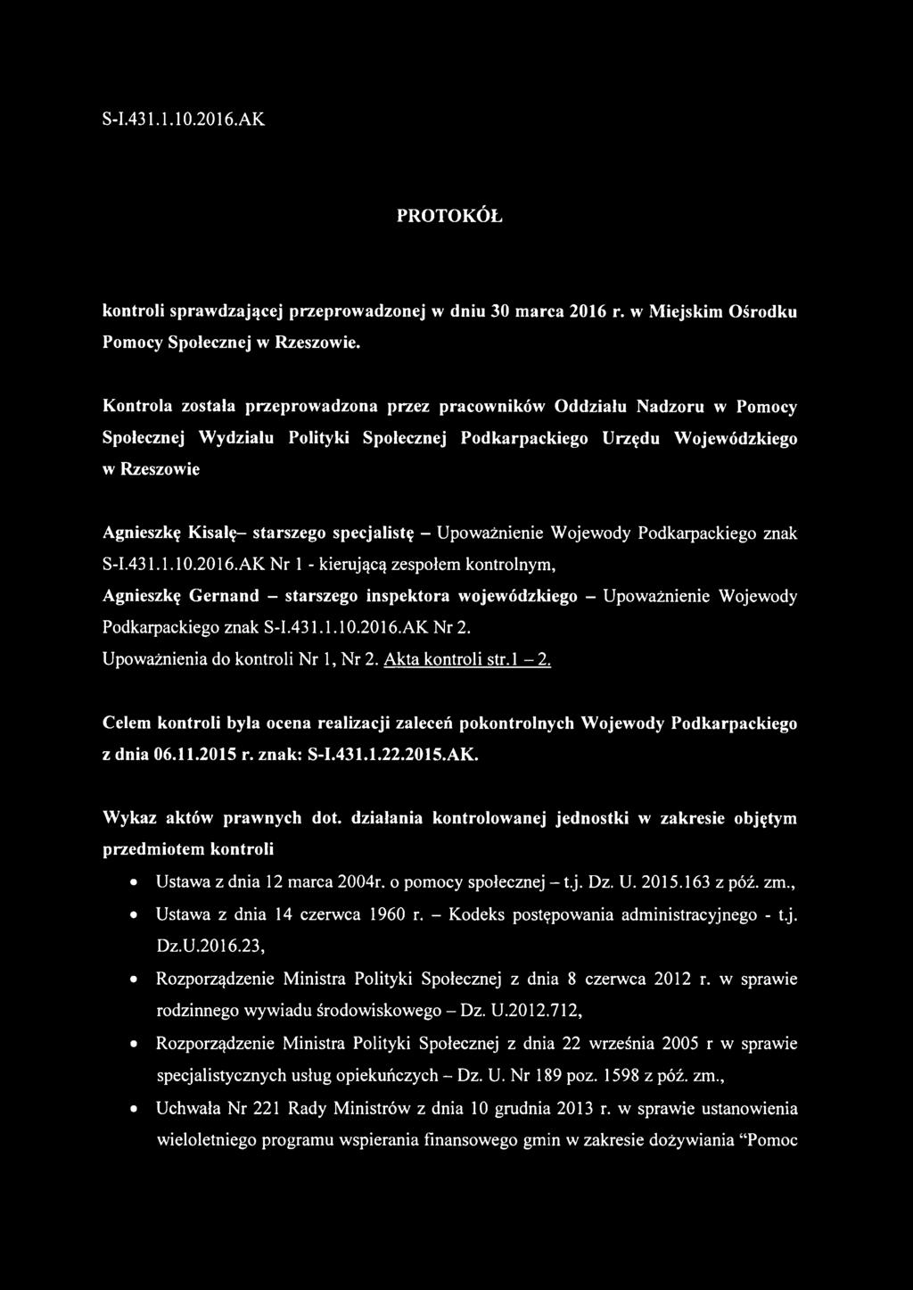 specjalistę - Upoważnienie Wojewody Podkarpackiego znak S-I.431.1.10.2016.