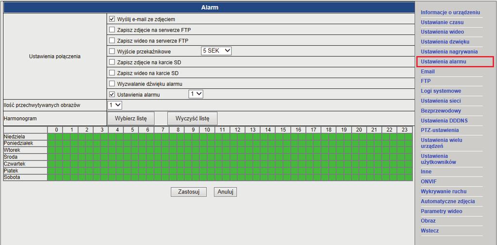 10. USTAWIENIA ALARMU Po wykryciu ruchu kamera pozwala na aktywację alarmu, którego działanie może być ustawione wg harmonogramu tygodniowego.