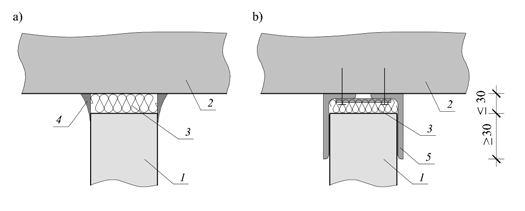 poziomie stropu jest wymagane, 1- mur, - żelbetowy strop, 3- warstwa izolacyjna z wełny mineralnej klasy A 1, 4 - uszczelnienie połączenia, 5 - stalowy kątownik Połączenie pionowych krawędzi ściany
