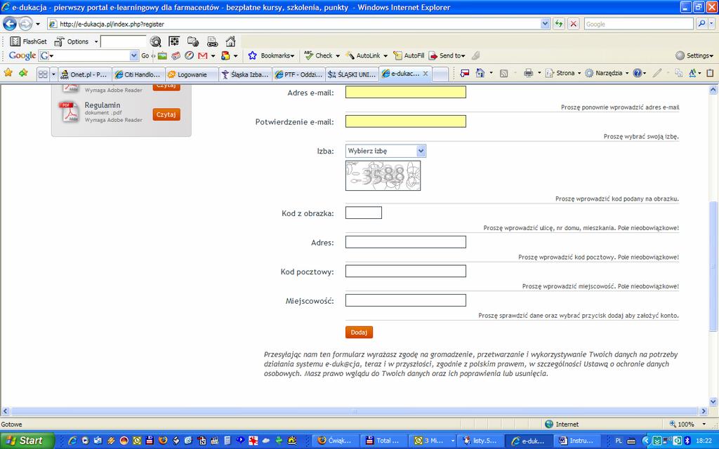 pl ale dopiero gdy to konto email będzie już funkcjonowało, wybrać odpowiednią Izbę Aptekarską, przepisać kod z obrazka i
