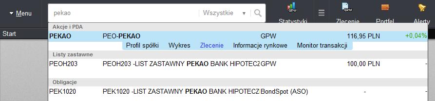 1.2. ZLECENIE W WYSZUKIWARCE Zlecenie możesz złożyć również po wyszukaniu w głównej wyszukiwarce instrumentów.