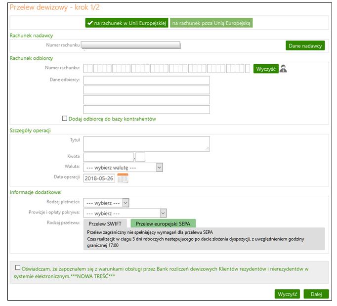 Przelew dewizowy Wprowadzenie przelewu dewizowego w systemie jest możliwe w oknie Przelew dewizowy krok 1/2.