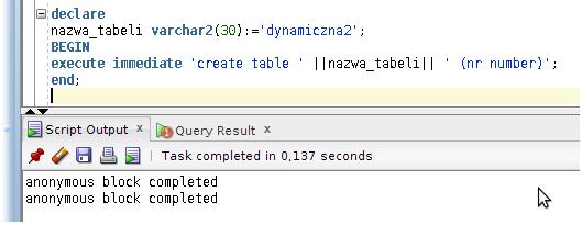 Próba kompilacji programu zawierającego polecenie CREATE TABLE bez użycia SQL dynamicznego zakończyłaby