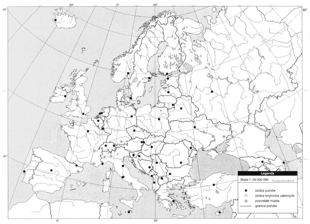 Mapa do zadań nr 4 i 5. Zadanie 4. (0 2) Na mapie konturowej Europy literami od K do M oznaczono wybrane obiekty geograficzne. 20 o 0 o 20 o 40 o 60 o 60 o 60 o L K 2 1 4 Ł 40 o M 40 o www. google.