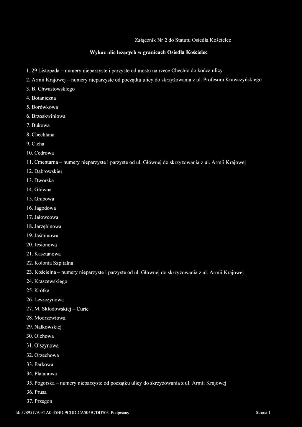 Chwastowskiego 4. Botaniczna 5. Borówkowa 6. Brzoskwiniowa 7. Bukowa 8. Chechlana 9. Cicha 10. Cedrowa 11. Cmentarna - numery nieparzyste i parzyste od ul. Głównej do skrzyżowania z ul.