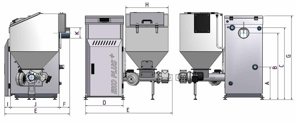 Wymiary montażowe kotłów OGNIWO EKO PLUS + L Typ Wymiary kotła A B C D E F G H I J K L EKO PLUS 430 880 950 500 1145 135 1105 560 76 640