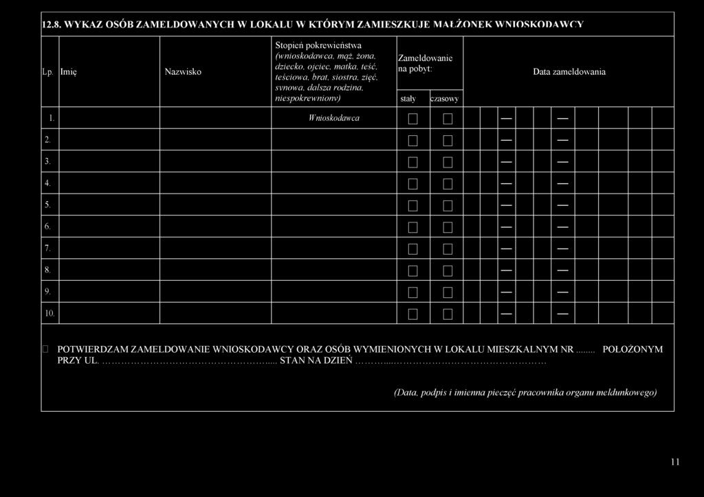 rodzina, nie spokrewniony) Zameldowanie na pobyt: stały czasowy Data zameldowania 1. Wnioskodawca 2. 3. 4. 5. 6. 7. 8. 9. 10.