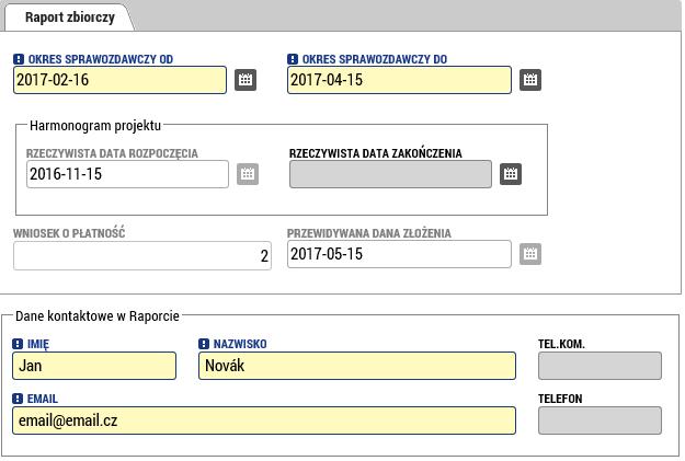 Zakładka: Dane identyfikacyjne Oprócz automatycznie wypełnionych danych na zakładce są też niektóre pola obowiązkowe. Należy wypełnić dane przedmiotowego okresu zarówno od, jak i do (tj.