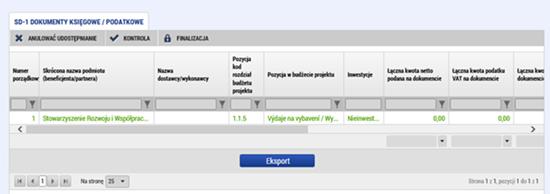 Zakładka: SD-1 Dokumenty księgowe/podatkowe Pierwsza tabela na tej zakładce zawiera przegląd wszystkich dokumentów z podstawowymi danymi.