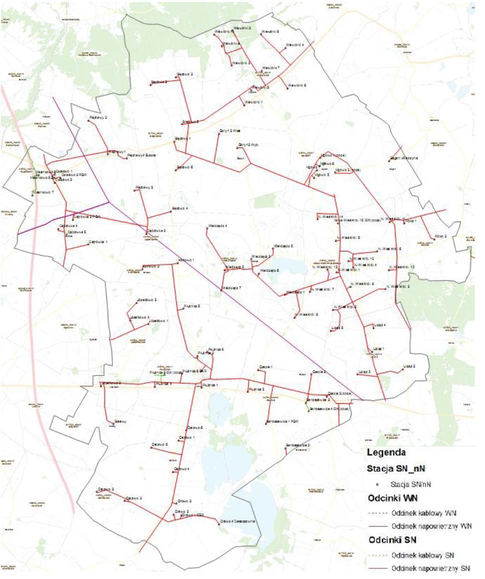 Rys. 4 Przebieg linii energetycznych najwyższego napięcia NN na terenie gminy Płużnica. Źródło ENERGA Operator S.A. w Toruniu Rys.