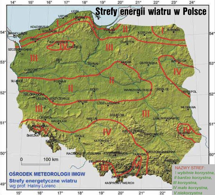 Rys. 6 Strefy energetyczne wiatru w Polsce wg H.