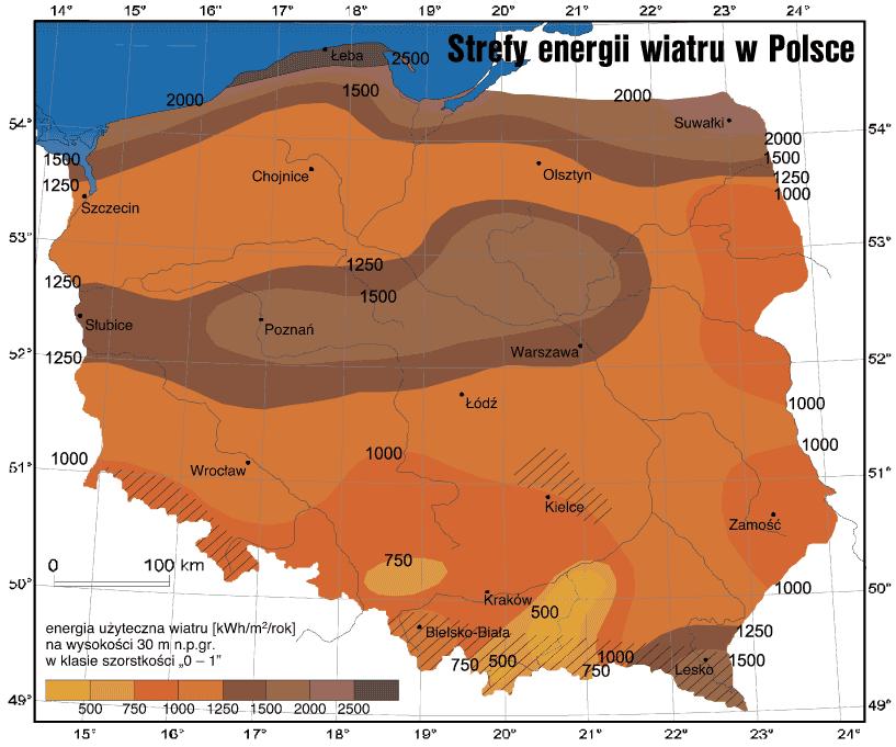 Rys. 7 Strefy energii wiatru w Polsce wg H. Lorenc Analiza powyższej mapy przedstawiającej energię wiatru na 1 m 2 powierzchni wykazuje, iż woj.