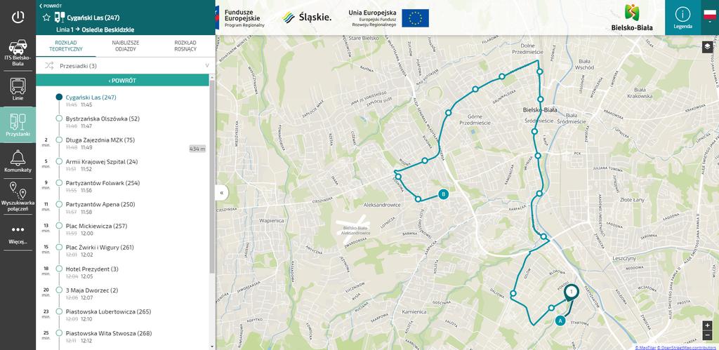 Trasa przejazdu wg przystanków na trasie przejazdu Prognoza przybycia autobusu do kolejnego przystanku na trasie Teoretyczna