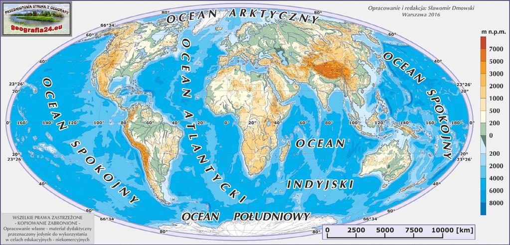 Powierzchnia całkowita całej Ziemi wynosi około 510 mln km2, z czego: 361 mln km2 (71% powierzchni Ziemi) stanowią obszary wodne, w ich obrębie występują baseny oceaniczne (w podłożu obecne są skały