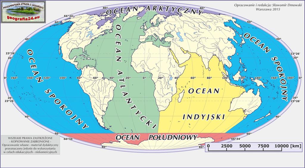 Obszar wszechoceanu najczęściej dzielimy na cztery oceany.