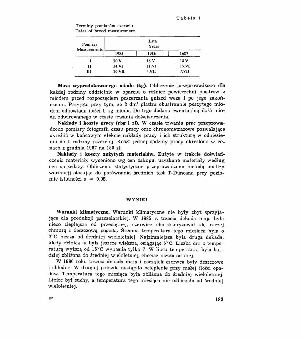 Tabela 1 Terminy pomiarów czerwiu Dates of brood measurement Lata Pomiary Years Measurements 1--------:-------;------ 1985 1986 1687 I II III 20.V 14.VI IO.VII 16.V 1I.Y1 4.VII 18.V 15.VI 7.