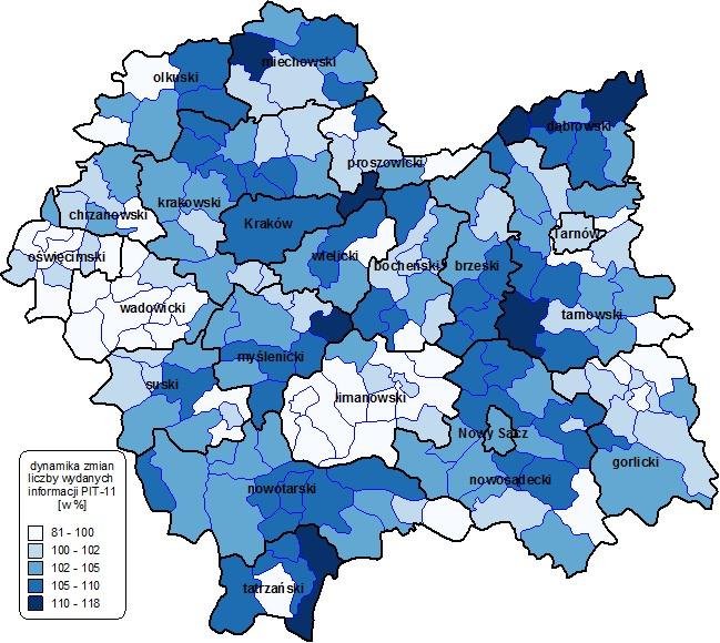 Specjalizacje w powiatach Warto zwrócić uwagę, że na podstawie zebranych danych o wydanych informacjach PIT-11 według miejsca zamieszkania podatników, można zdefiniować potencjalne specjalizacje