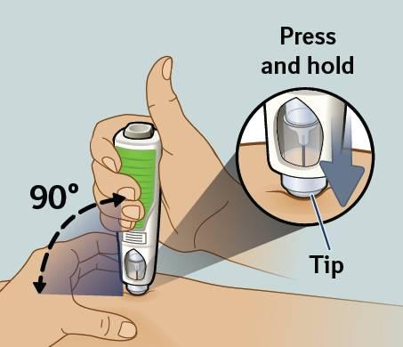 8) Przed wstrzyknięciem należy przeczytać punkty A-C, aby dowiedzieć się, jak prawidłowo podawać dawkę. A. Przygotować się do podania dawki Nacisnąć i trzymać Końcówka Trzymać wstrzykiwacz pionowo do miejsca wstrzyknięcia (pod kątem 90 stopni).