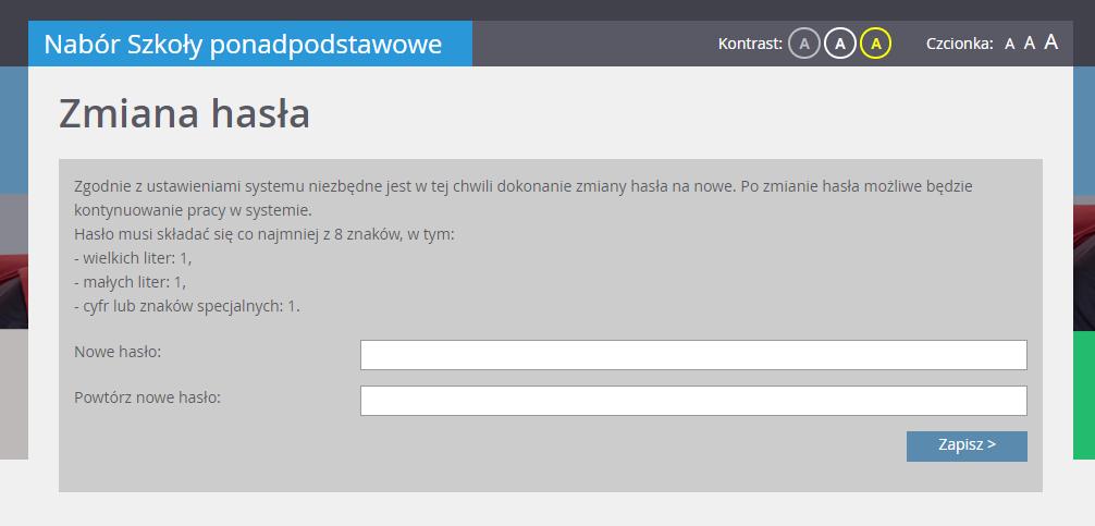 Hasło powinno składać się co najmniej z 8 znaków, w tym: wielkich liter:
