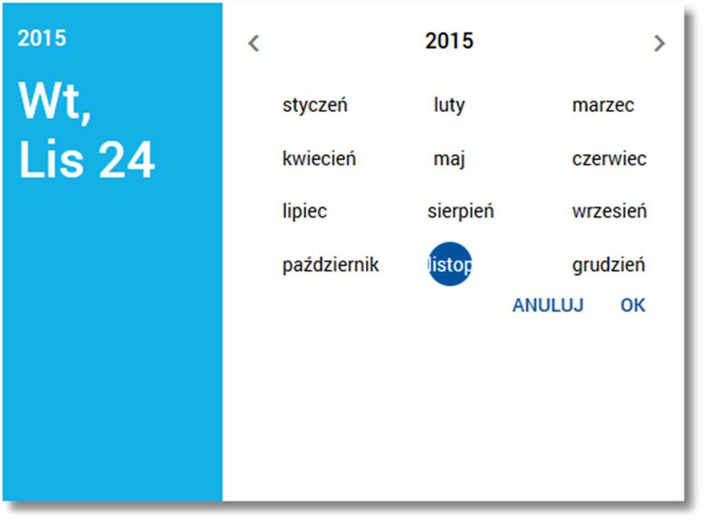 Użytkownik ma możliwość manualnego wprowadzenia miesiąca i roku lub korzystając z podpowiedzi ikony kalendarza.