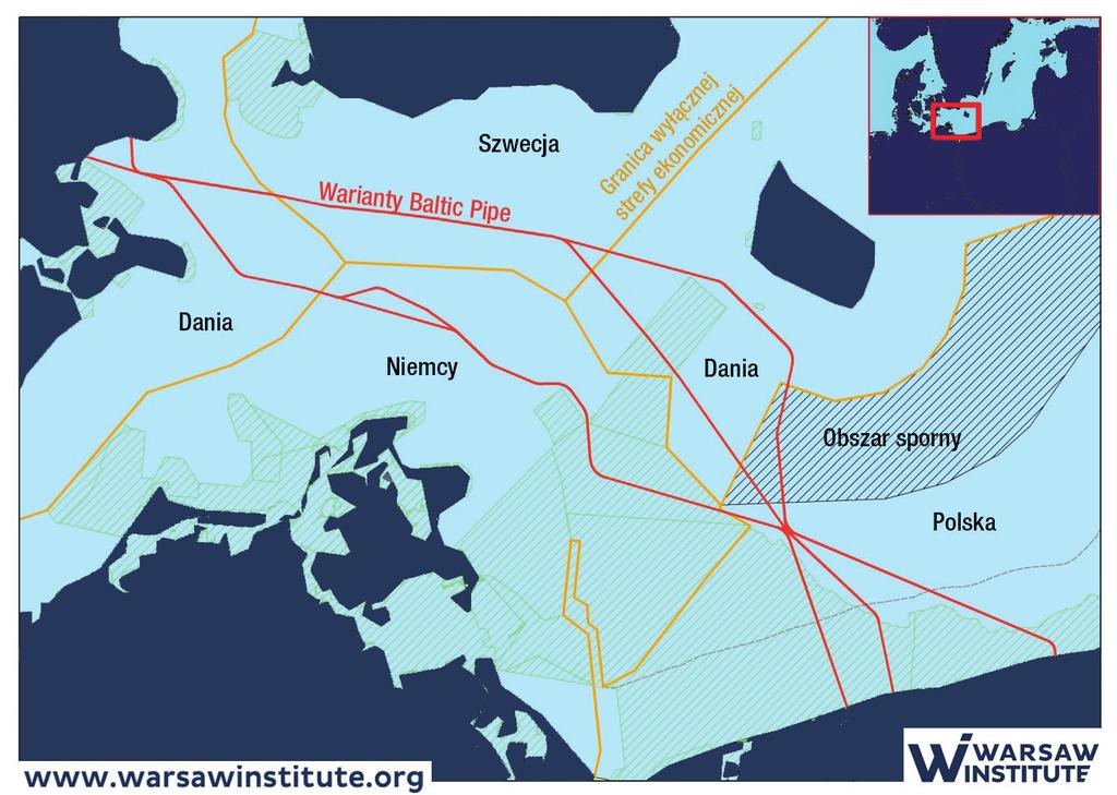 Warianty trasy gazociągu Baltic Pipe. Źródło: BALTIC PIPE Information on the proposed activity ESPOO Convention Art. 3.