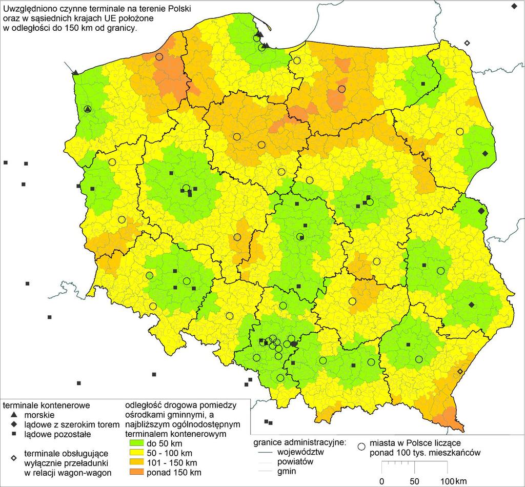 Dostępność drogowa do terminali kontenerowych według gmin w Polsce stan maj 2019 r.